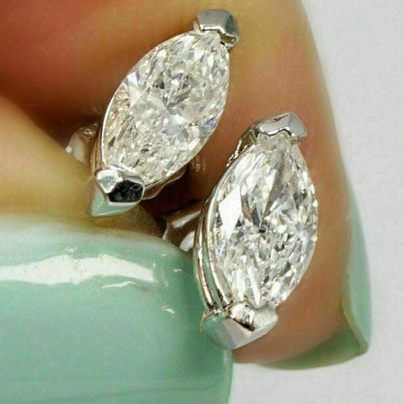 Mens 18K White Gold Filled Marquise Diamond Zircon Stud Earrings .47ctw ea. Gift